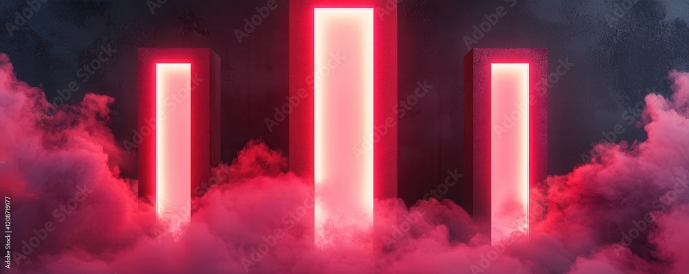 Poster clean energy wind management concept. three glowing red bars rise from a misty background, creating 