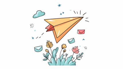 Paper airplane soaring above flowers, delivering messages; spring background; email marketing illustration