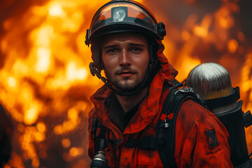 A firefighter in protective gear extinguishing a fire with a powerful water stream. A scene of courage and dedication