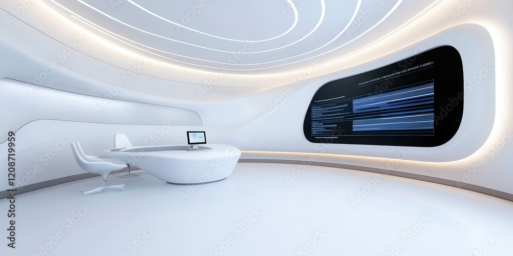 Poster clean energy wind management concept. futuristic interior design featuring sleek white surfaces and 