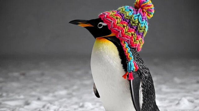 Penguin wearing colorful knitted hat on snowy ground, playful wildlife portrait. Humor and winter fashion concept