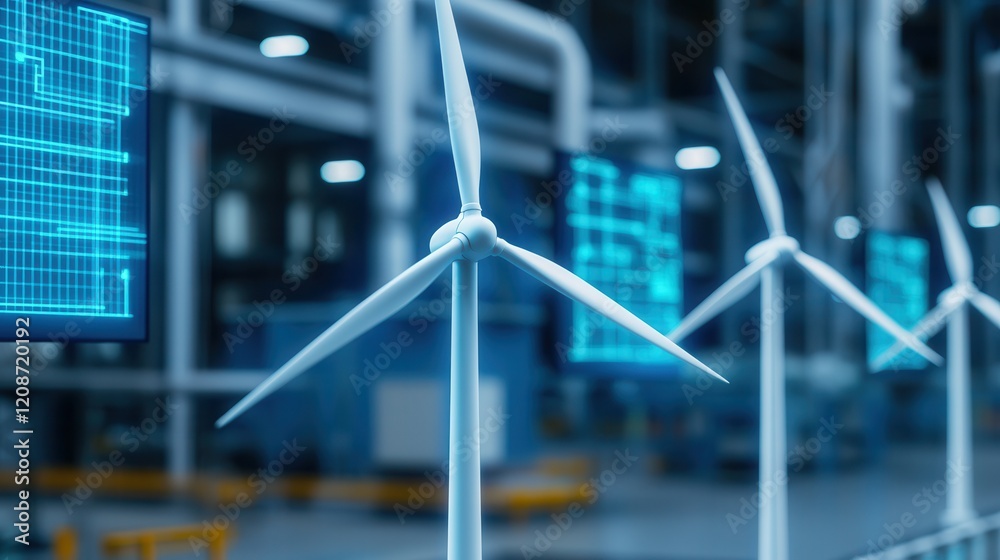 Poster clean energy wind management concept. modern wind turbines in a high-tech facility with data display