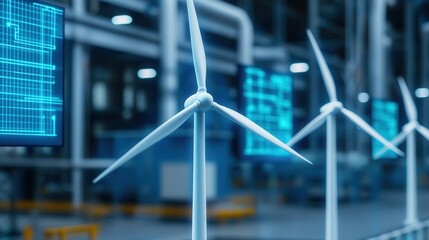 clean energy wind management Concept. Modern wind turbines in a high-tech facility with data displays showcasing renewable energy technology.