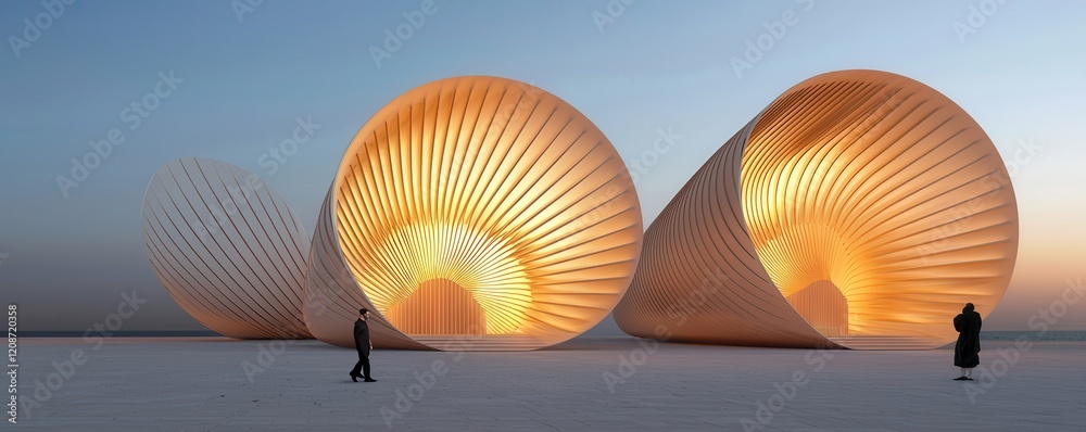 Poster clean energy wind management concept. innovative architectural structures glowing in the evening lig