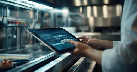 Naklejka premium Chef using tablet in modern commercial kitchen.