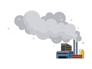 A factory with smokestacks releasing large gray clouds of smoke. Ideal for pollution, environment, industry, manufacturing, and climate change. Colorful buildings with various shapes and sizes. Flat