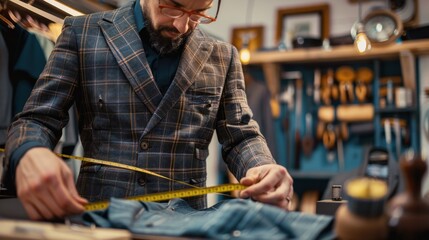 Professional tailor measuring clothes on mannequin with tape, AI generated image