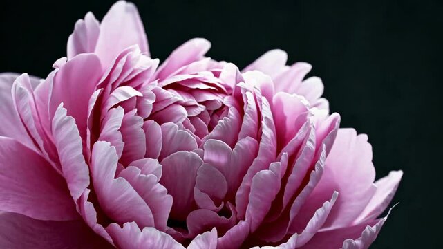 Close-up of a pink peony flower with delicate petals against a dark background, natural beauty and floral elegance concept