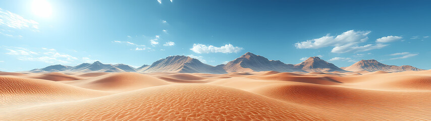 Fototapeta premium A desert with curving dunes captured with a fish-eye effect. A vast landscape of golden sand and blue sky creates a sense of infinity