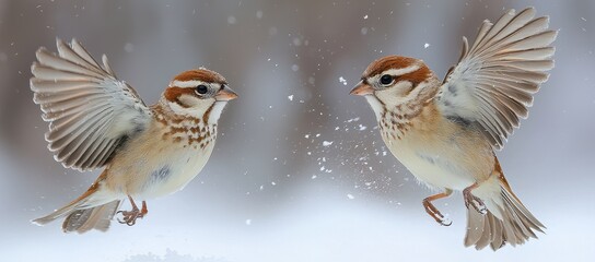 Obraz premium Two sparrows facing, wings spread, snowy background, winter wildlife