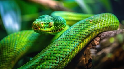 Fototapeta premium Bright green snake coiled on a tree branch, AI generated image