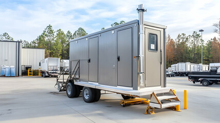 Portable restroom trailer parked in industrial area, ready for event rentals