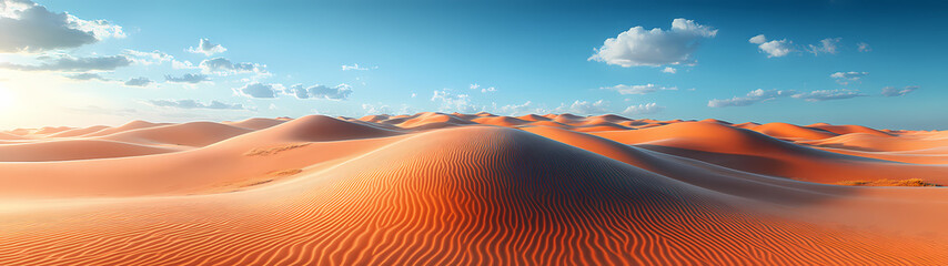 Naklejka premium A desert with curving dunes captured with a fish-eye effect. A vast landscape of golden sand and blue sky creates a sense of infinity