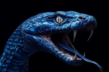 Close-up of a striking blue viper's head, fangs bared, tongue flicking.