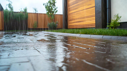 Rainy day backyard patio paving stones; modern home background; weather; nature