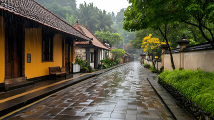 Rainy day street scene, traditional houses, lush greenery, hilly background, travel postcard