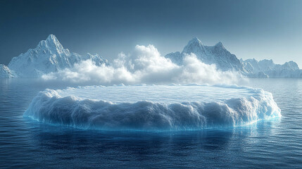 Fototapeta premium Cool ice show podium stage with a 3D winter iceberg background, empty presentation scene, cold advertising platform stand, minimalistic bright tone, blurred frozen backdrop, and blank caption space