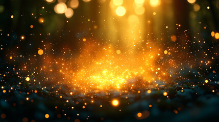 Naklejka premium Glowing golden particles scattered in a magical forest light