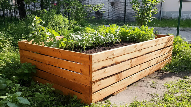 Raised garden bed with vegetables growing in backyard.  Gardening hobby in urban setting. Ideal for sustainable living blogs
