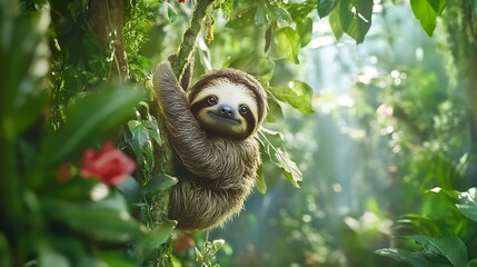 Obraz premium Charming Sloth Relaxing in Lush Green Jungle Surrounded by Vibrant Flora and Gentle Sunlight