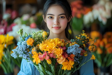 A florist arranging a bouquet in a cozy flower shop. A scene of inspiration and beauty