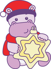 Cute hippo vector icon with christmas theme. Funny baby hippo animal christmas illustration.
