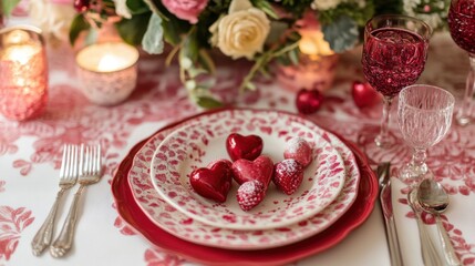 Fototapeta premium Elegant table setting with heart-shaped decorations for special occasions.