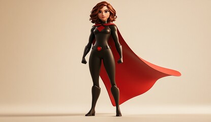 Cartoon superhero woman in black suit and red cape.