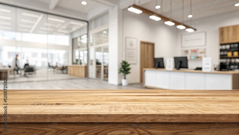 Poster a wooden table with a view of a room with people working