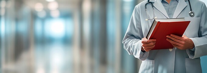 Doctor holding medical records in hospital corridor.