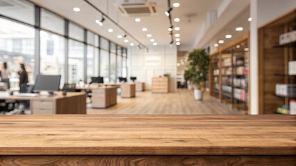 A wood table with a view of a large room with a few people in it