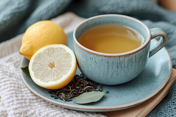 A freshly brewed pot of tea with loose tea leaves and a lemon slice, symbolizing warmth and simplicity