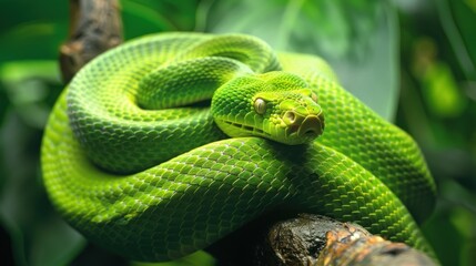 Fototapeta premium Bright green snake coiled on a tree branch, AI generated image