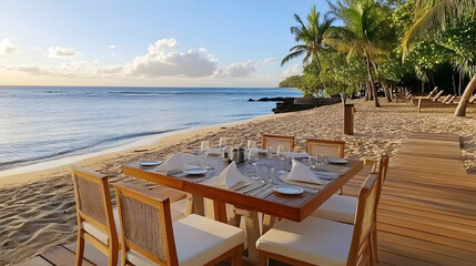 Romantic beach dinner sunset tropical paradise; luxurious dining experience