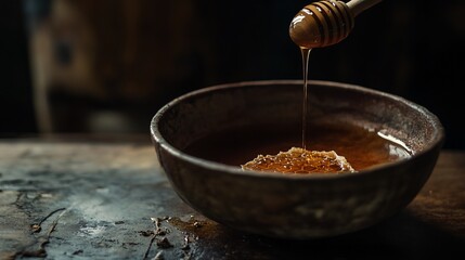 Golden honey dripping from a wooden dipper into a rustic bowl.