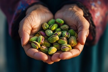 Close-up of hands holding a handful of fresh pistachios.
