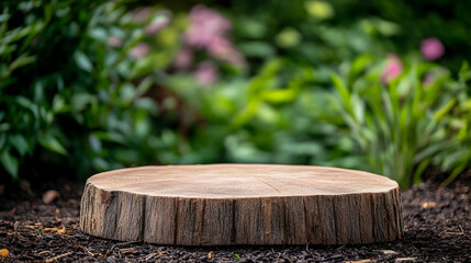 Rustic wooden display in garden, product showcase, blurred floral background, nature backdrop