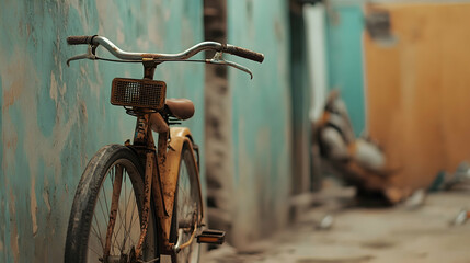 Obraz premium Rusty bicycle leaning against a teal wall in an alleyway, scooter in background; ideal for travel, lifestyle blogs