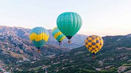 Naklejka premium Colorful Hot Air Balloons Soaring Over Mountain Landscape