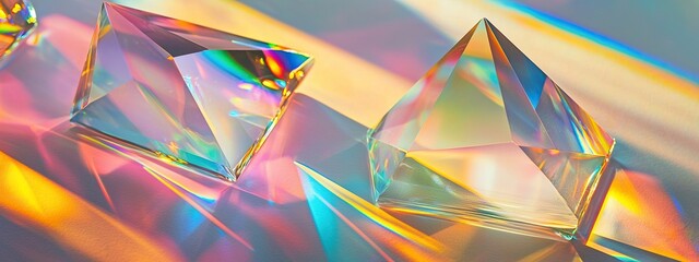 Colorful geometric prisms reflect light in vibrant translucent hues
