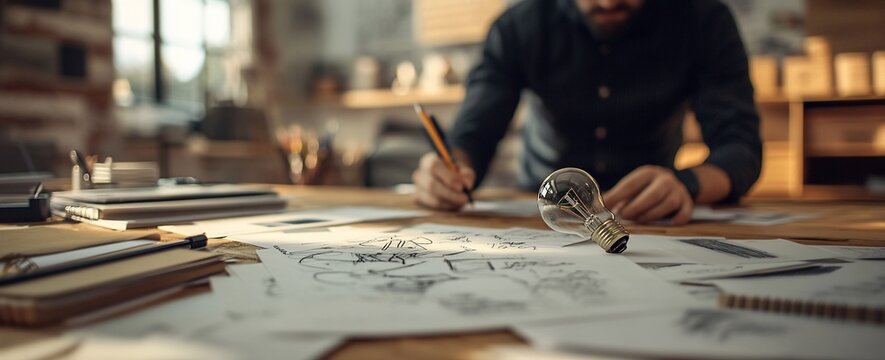Designer sketching ideas at desk, lightbulb nearby.