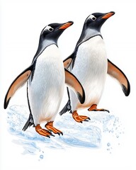 Happy Penguins Walking on Ice with Splashes of Water