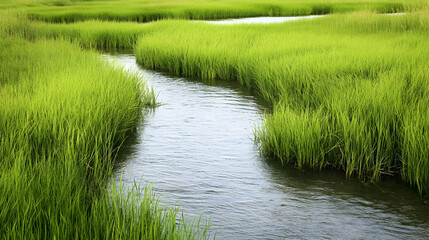 Obraz premium Serene stream meandering through lush green rice paddy fields; tranquil countryside scene, ideal for nature documentaries or travel brochures