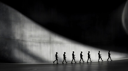 Silhouetted figures walk along a curved concrete wall, illuminated by a dramatic light beam.  Modern architecture background, ideal for concepts of progress, teamwork, or future