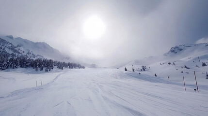 Winter landscape of snow mountain against clouds sky. Beautiful nature scenery background.