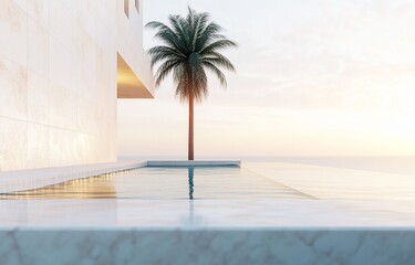 Modern minimalist architecture with infinity pool, palm tree, ocean view at sunset.