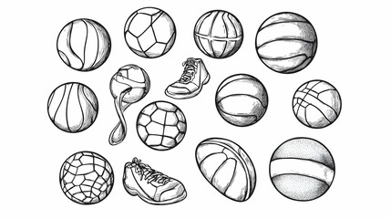 Sketch of various sports balls and shoes; background is white; perfect for sports-themed designs