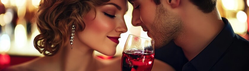 Romantic couple enjoying cocktails in a stylish bar setting.