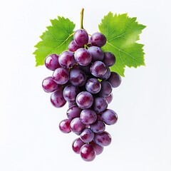 A bunch of ripe red grapes with green leaves on a white background.