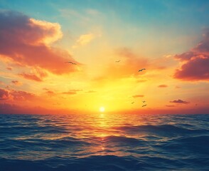 Fototapeta premium Vibrant sunset over calm ocean with flying birds.
